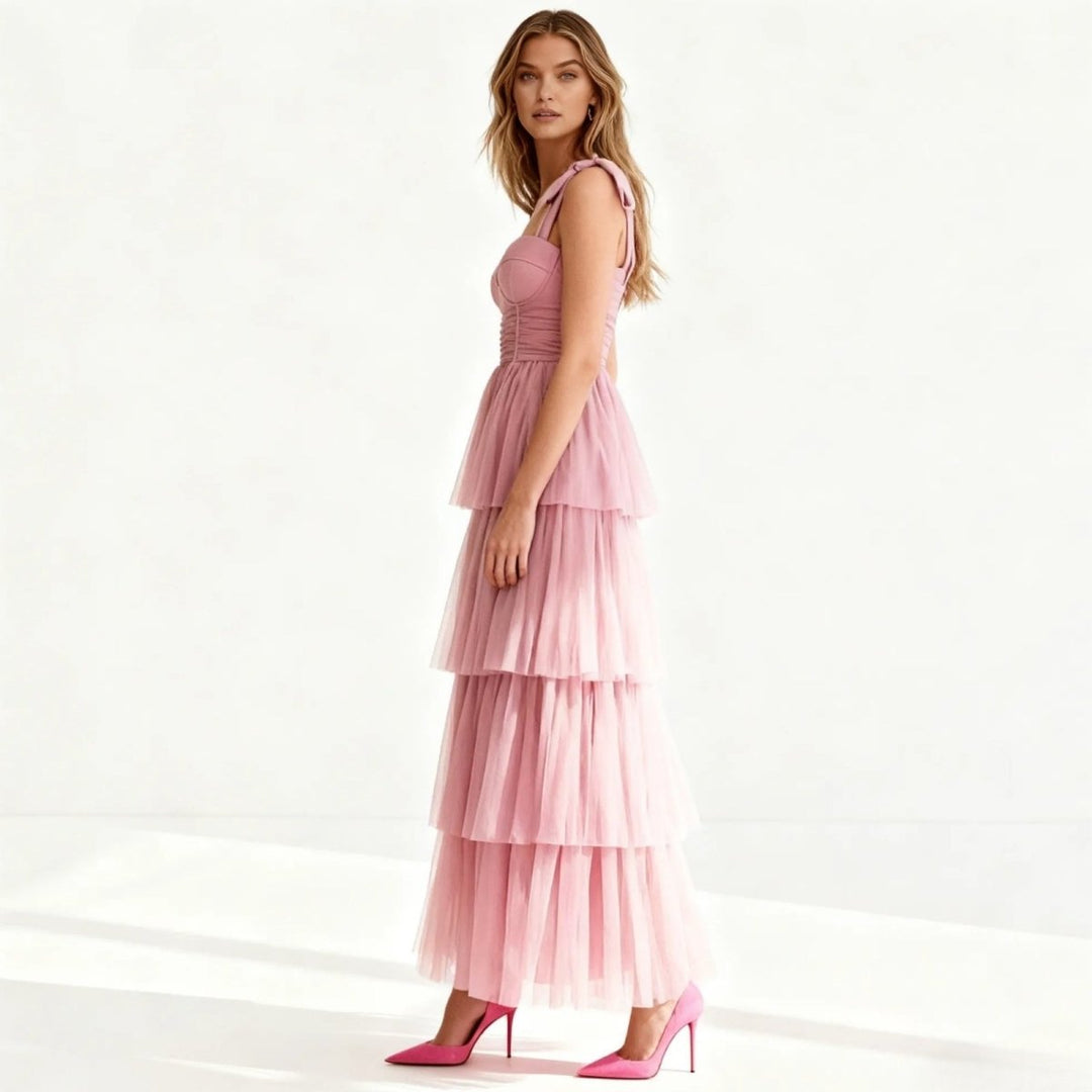 Women's Wedding Guest Tiered Maxi Dress with V Neck