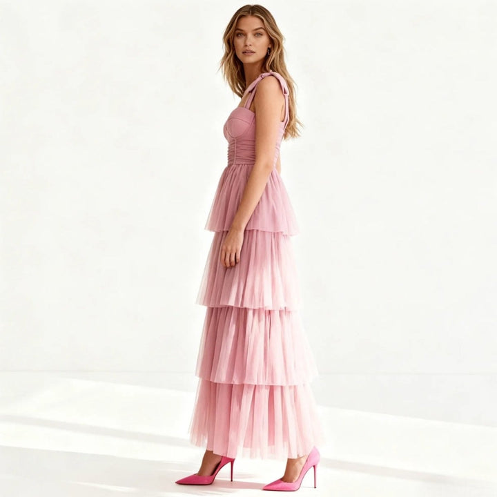 Women's Wedding Guest Tiered Maxi Dress with V Neck