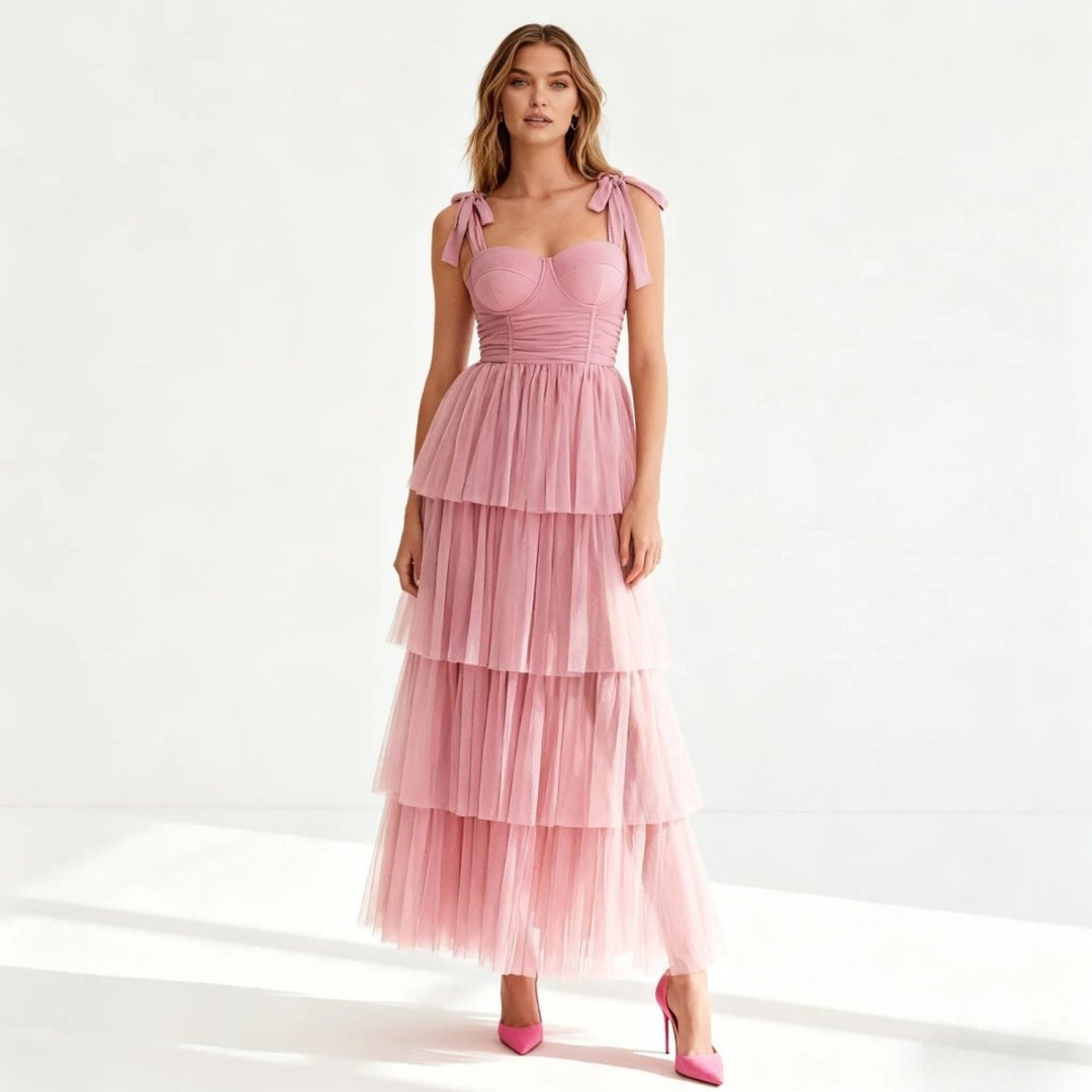 Women's Wedding Guest Tiered Maxi Dress with V Neck