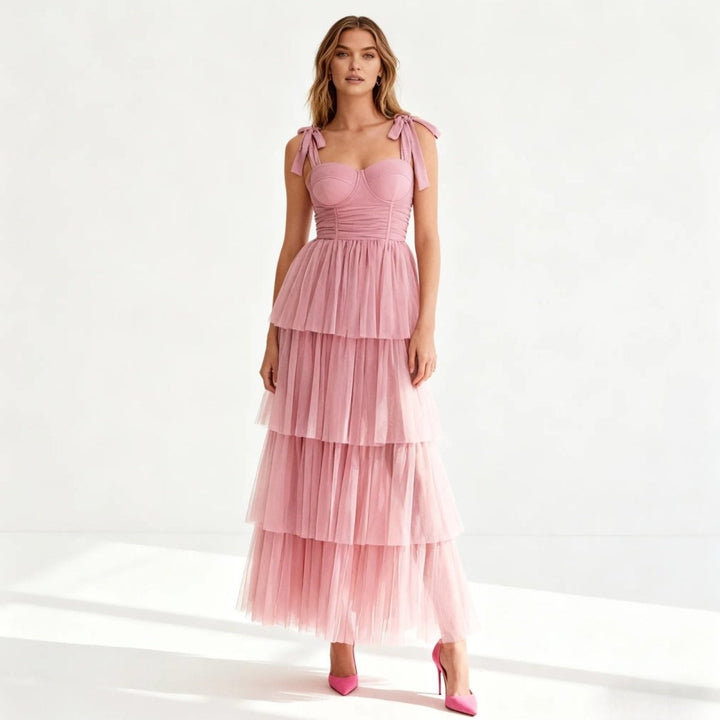 Women's Wedding Guest Tiered Maxi Dress with V Neck