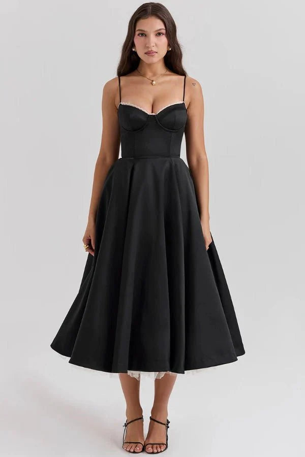 Women's Wedding Guest Midi Dress with Strapless Neckline and Fit Flare Skirt