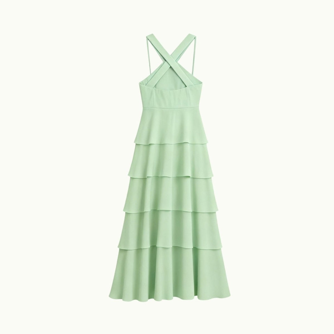 Women's Wedding Guest Halter Maxi Dress with Tiered Skirt