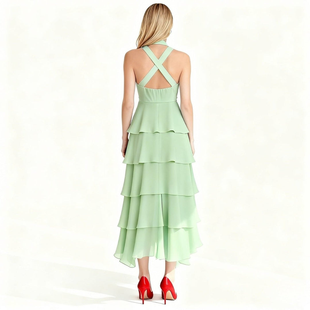 Women's Wedding Guest Halter Maxi Dress with Tiered Skirt