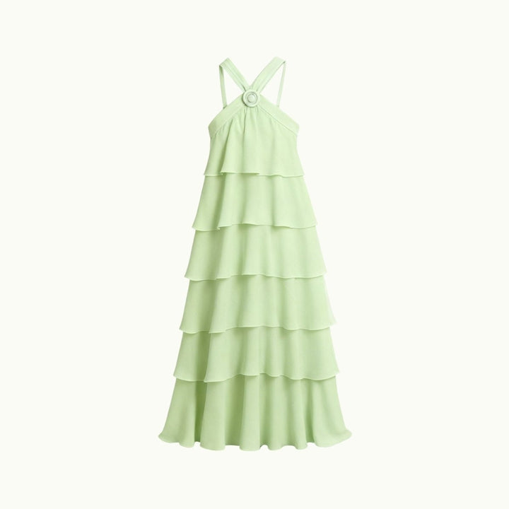 Women's Wedding Guest Halter Maxi Dress with Tiered Skirt