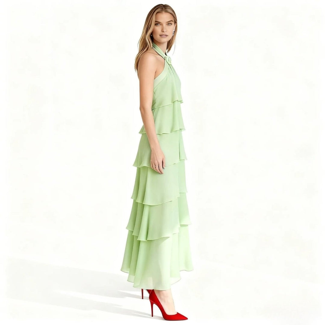 Women's Wedding Guest Halter Maxi Dress with Tiered Skirt