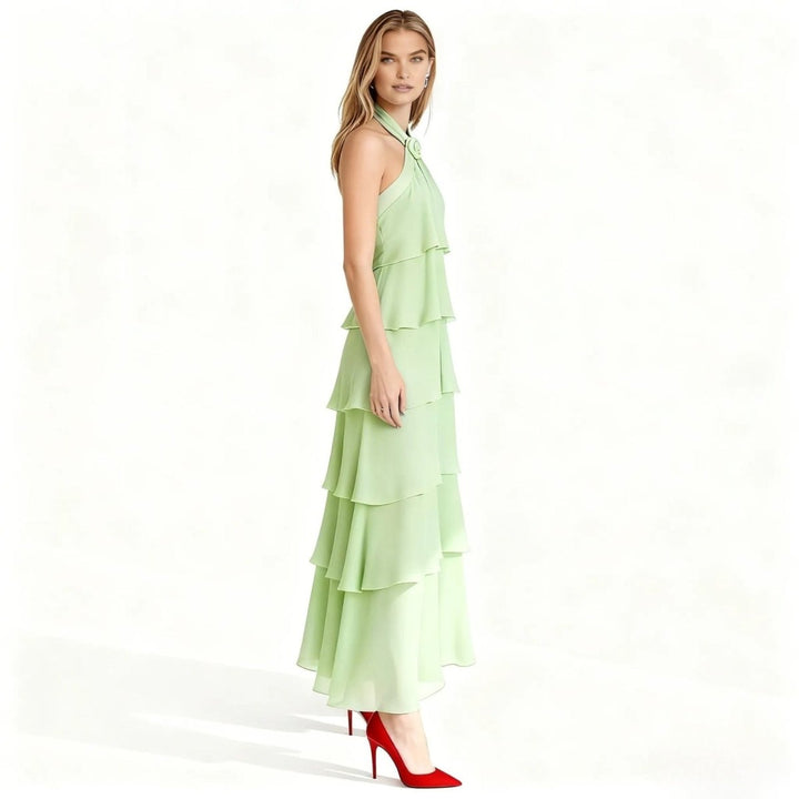 Women's Wedding Guest Halter Maxi Dress with Tiered Skirt