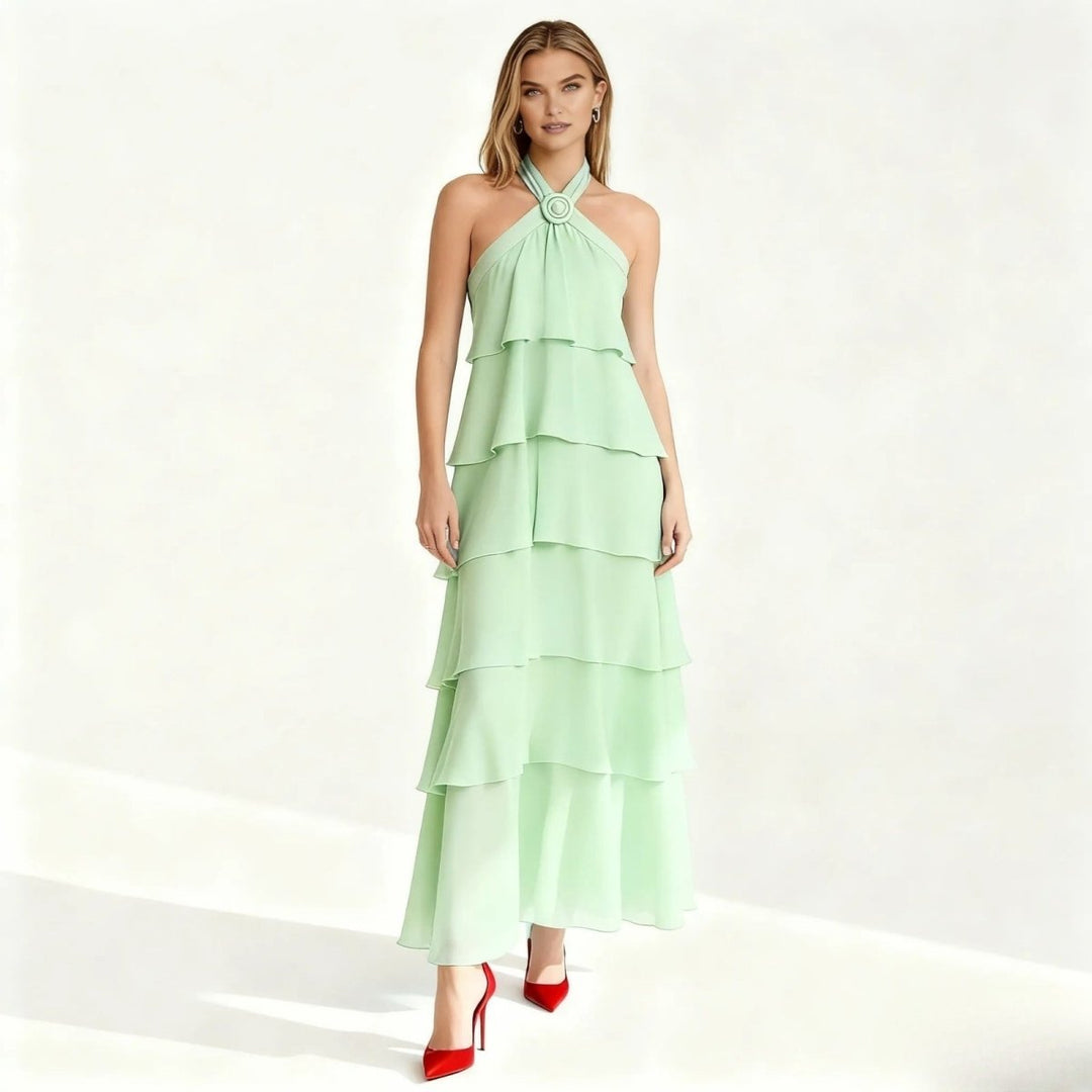 Women's Wedding Guest Halter Maxi Dress with Tiered Skirt