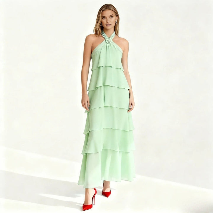 Women's Wedding Guest Halter Maxi Dress with Tiered Skirt