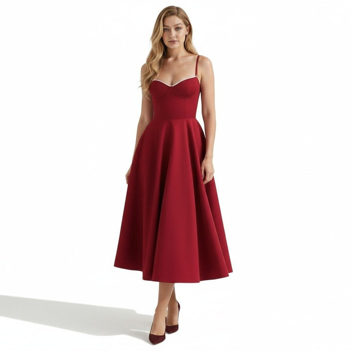 Women's Wedding Guest Midi Dress with Strapless Neckline and Fit Flare Skirt