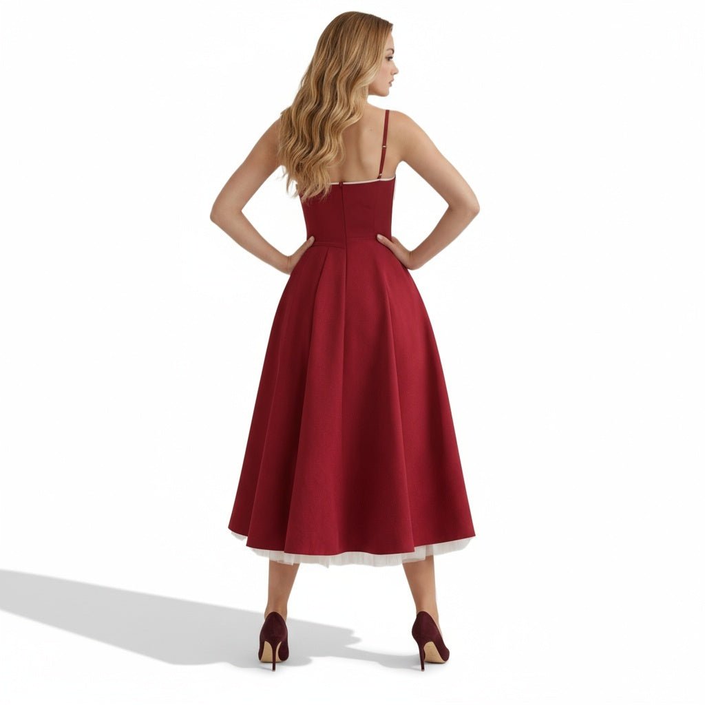 Women's Wedding Guest Midi Dress with Strapless Neckline and Fit Flare Skirt