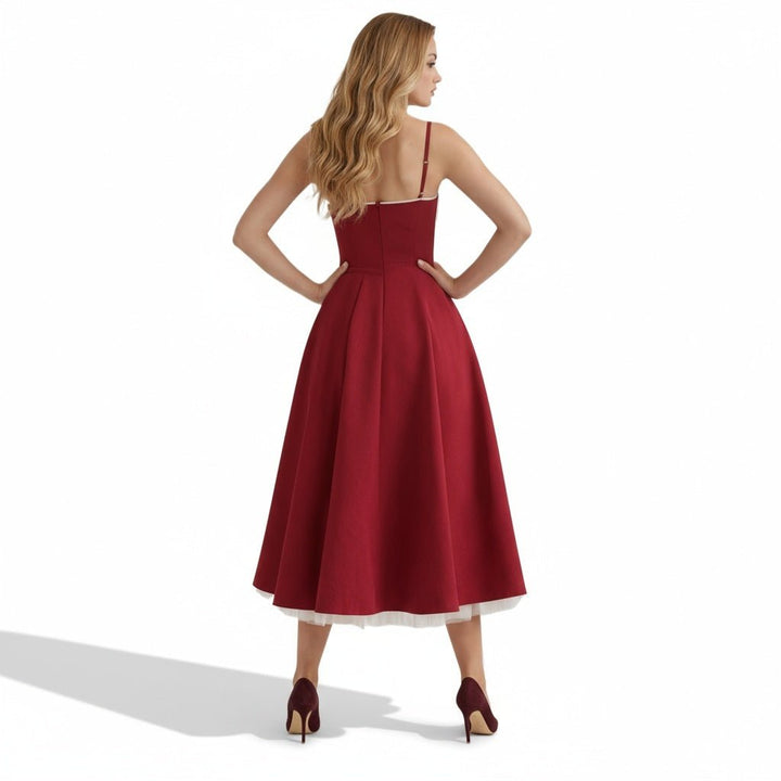 Women's Wedding Guest Midi Dress with Strapless Neckline and Fit Flare Skirt