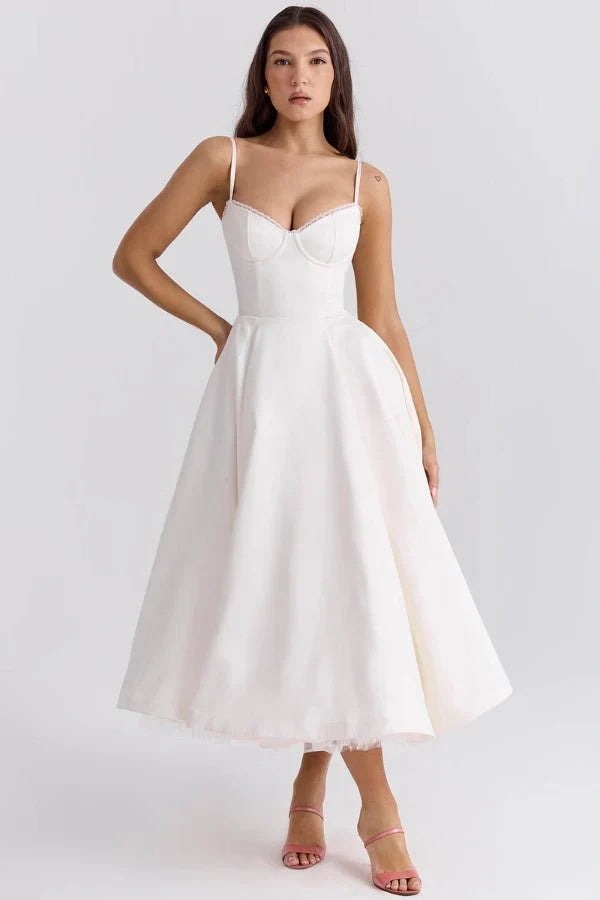 Women's Wedding Guest Midi Dress with Strapless Neckline and Fit Flare Skirt