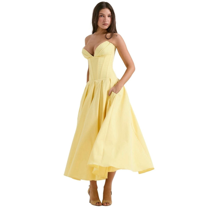 Women's Wedding Guest Corset Midi Dress with Full Skirt