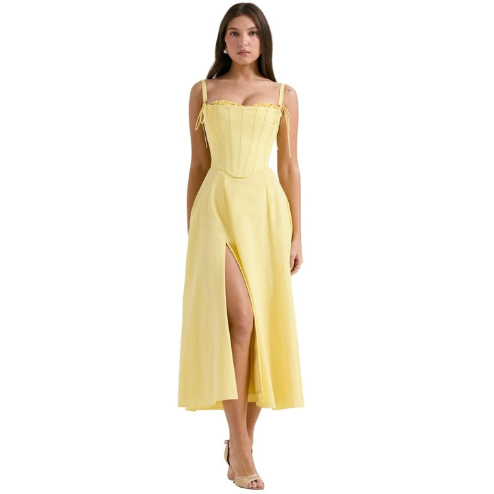 Women's Wedding Guest Corset Midi Dress with Full Skirt