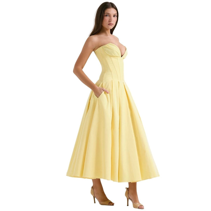 Women's Wedding Guest Corset Midi Dress with Full Skirt