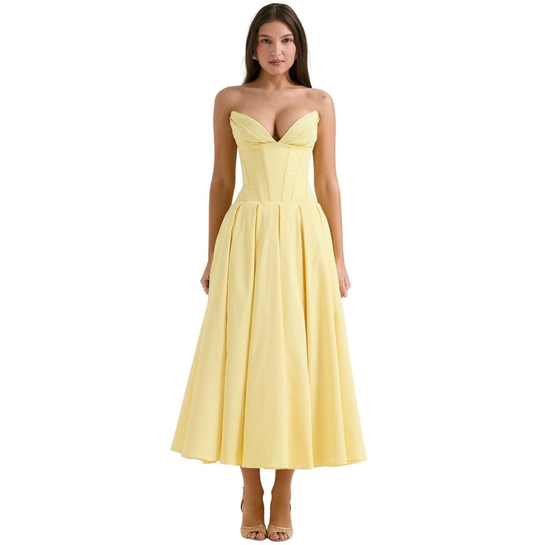 Women's Wedding Guest Corset Midi Dress with Full Skirt