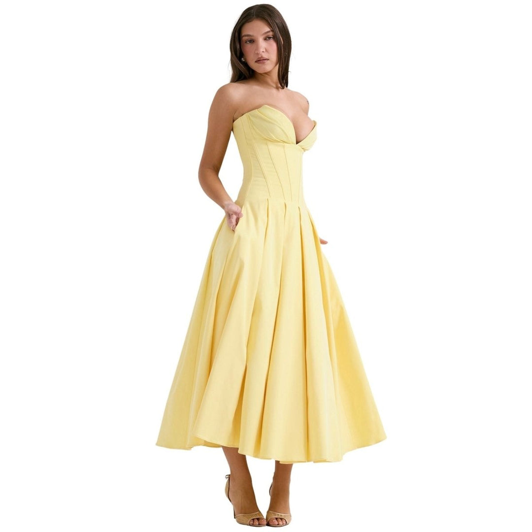Women's Wedding Guest Corset Midi Dress with Full Skirt