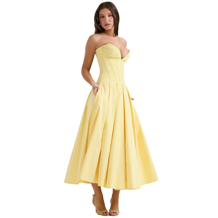Women's Wedding Guest Corset Midi Dress with Full Skirt