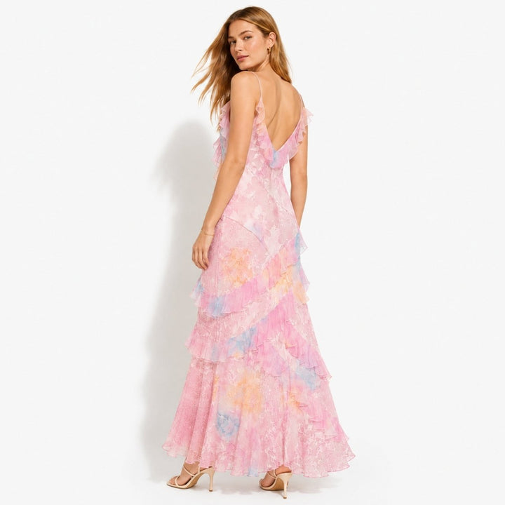 Women's Wedding Guest Floral Maxi Dress with Tiered Ruffle Skirt