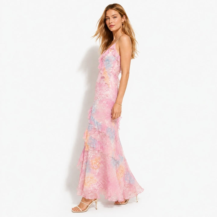 Women's Wedding Guest Floral Maxi Dress with Tiered Ruffle Skirt