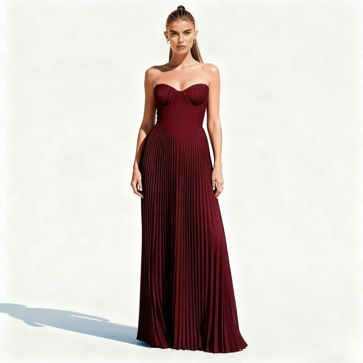 Women's Evening Strapless Maxi Dress with Pleated Skirt