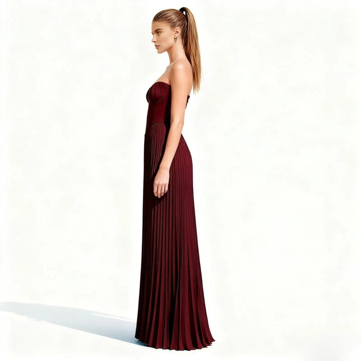 Women's Evening Strapless Maxi Dress with Pleated Skirt