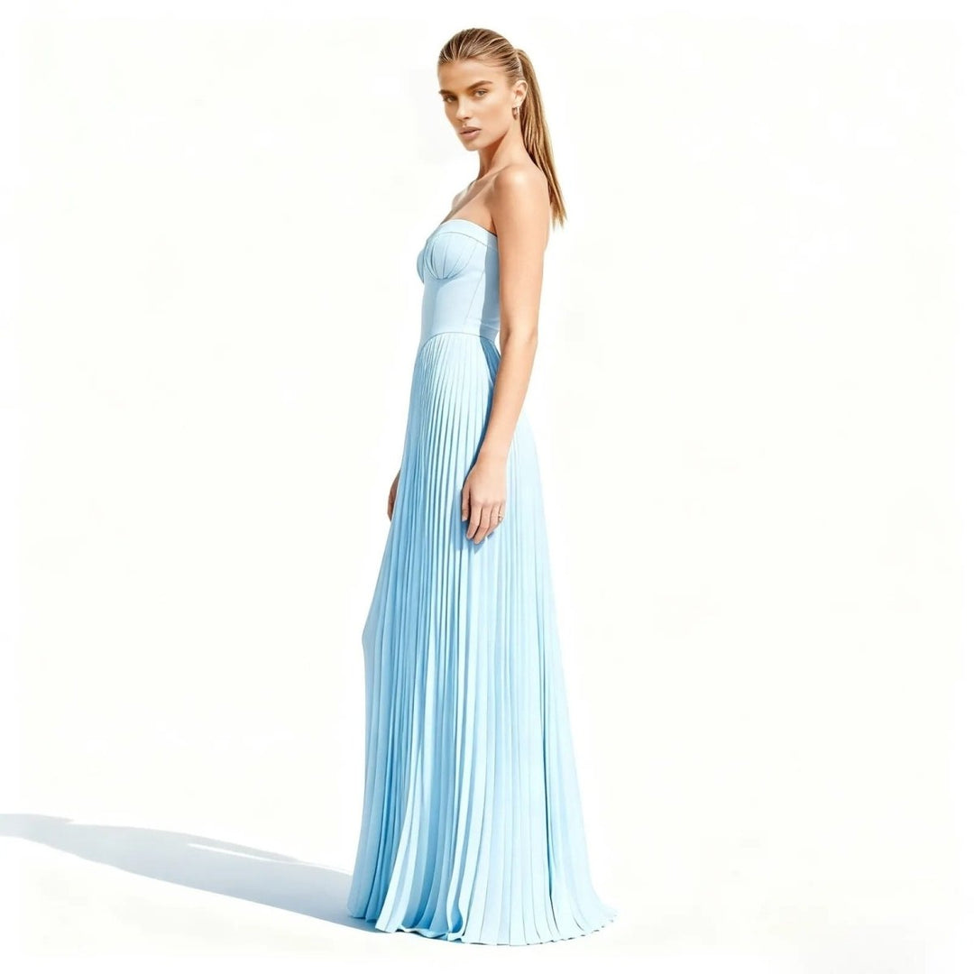 Women's Evening Strapless Maxi Dress with Pleated Skirt