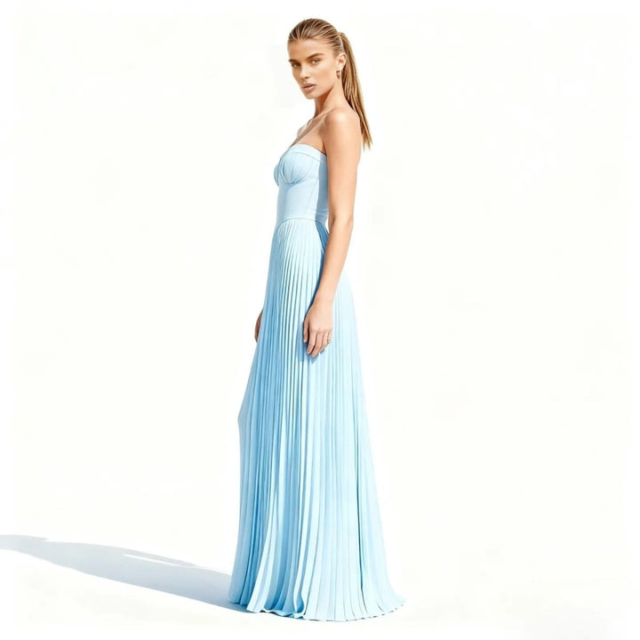 Women's Evening Strapless Maxi Dress with Pleated Skirt