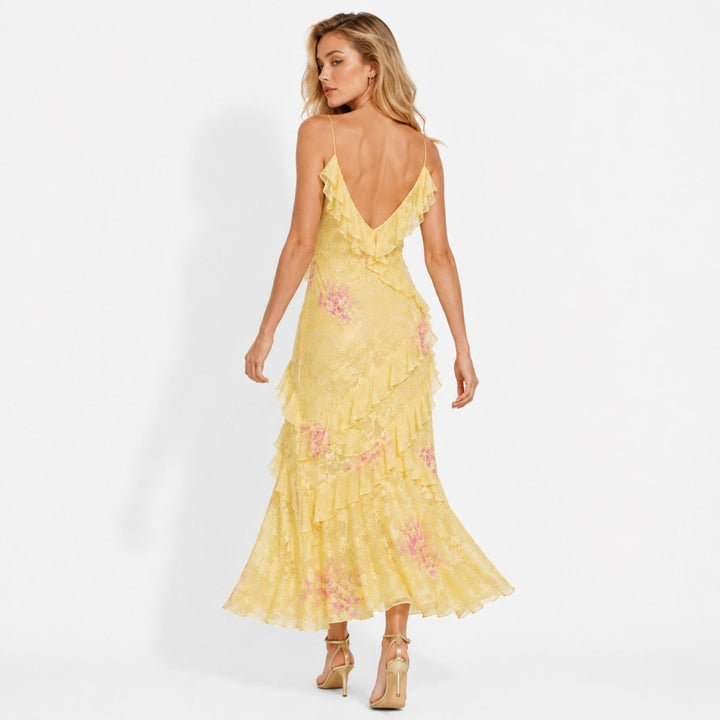 Women's Wedding Guest Floral Maxi Dress with Tiered Ruffle Skirt