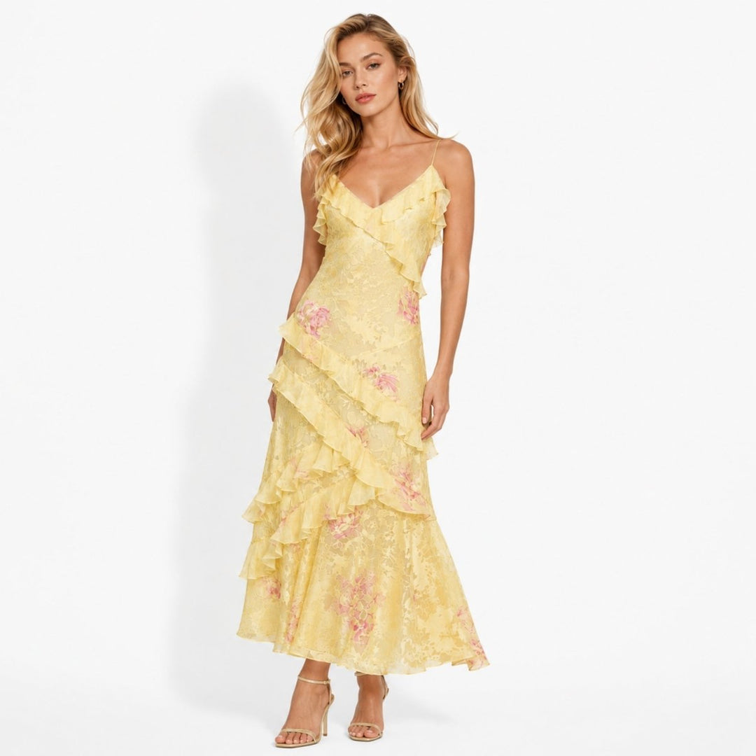 Women's Wedding Guest Floral Maxi Dress with Tiered Ruffle Skirt