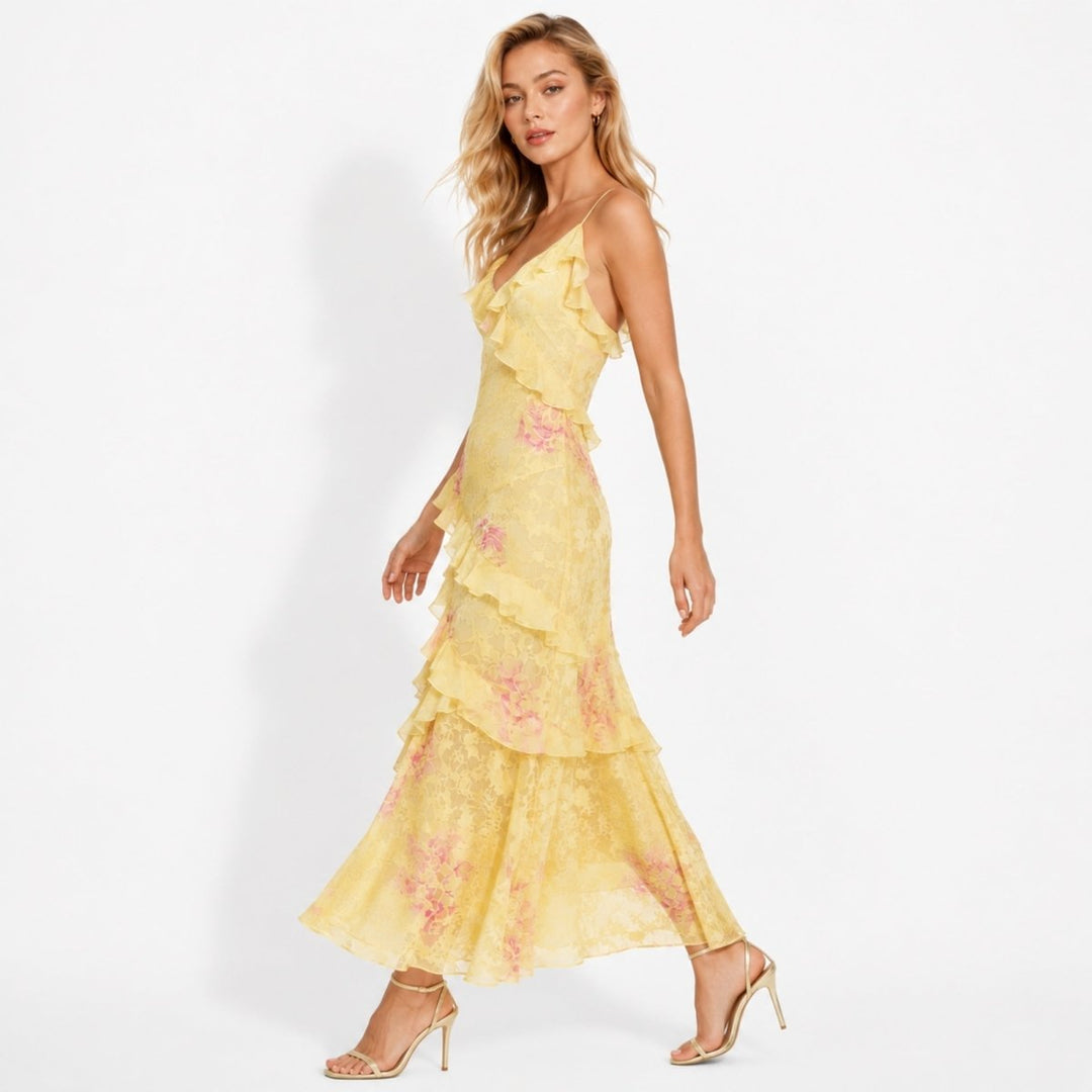 Women's Wedding Guest Floral Maxi Dress with Tiered Ruffle Skirt