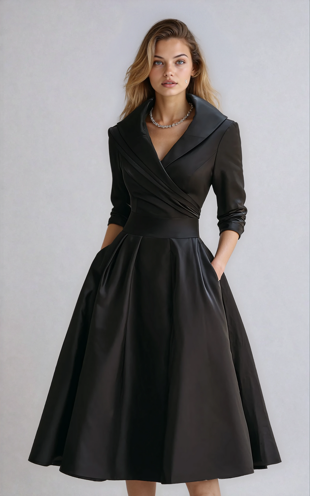 Women's Shirt Midi Dress with Collared Neckline and Full Skirt