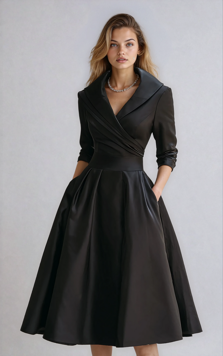 Women's Shirt Midi Dress with Collared Neckline and Full Skirt