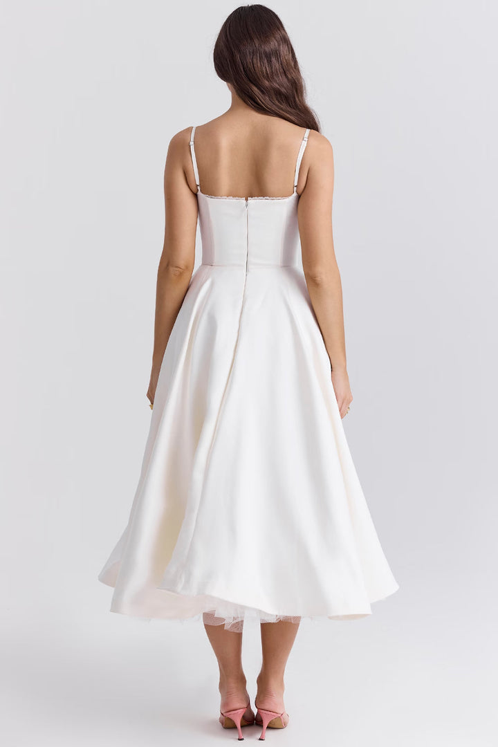 Women's Wedding Guest Midi Dress with Strapless Neckline and Fit Flare Skirt