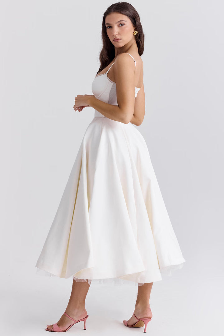 Women's Wedding Guest Midi Dress with Strapless Neckline and Fit Flare Skirt