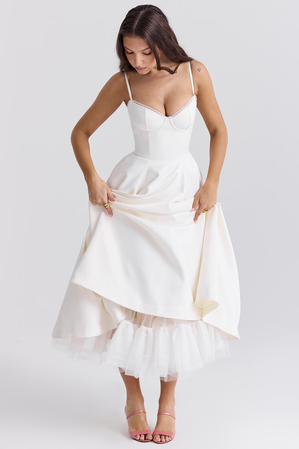 Women's Wedding Guest Midi Dress with Strapless Neckline and Fit Flare Skirt