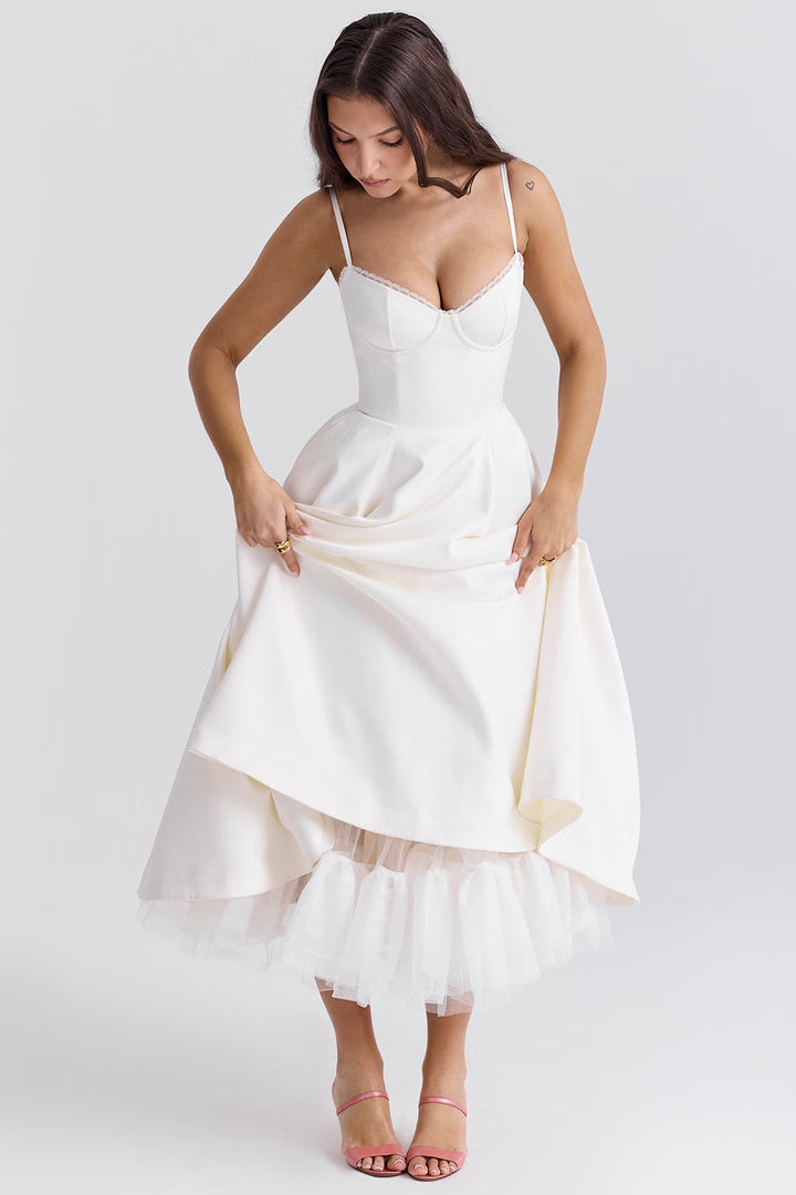 Women's Wedding Guest Midi Dress with Strapless Neckline and Fit Flare Skirt