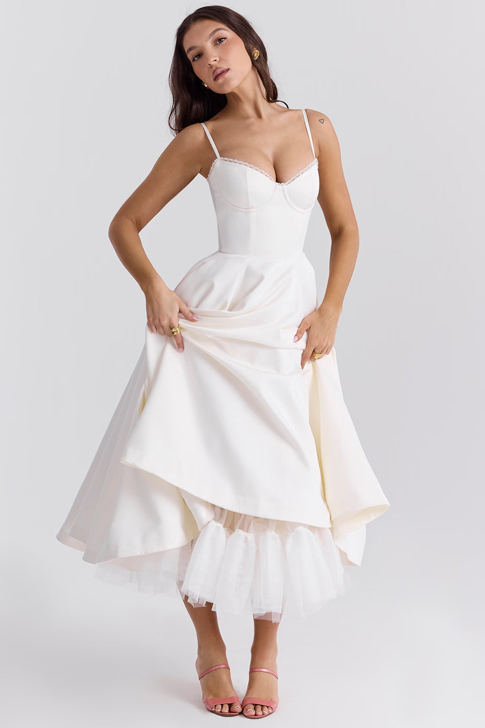 Women's Wedding Guest Midi Dress with Strapless Neckline and Fit Flare Skirt