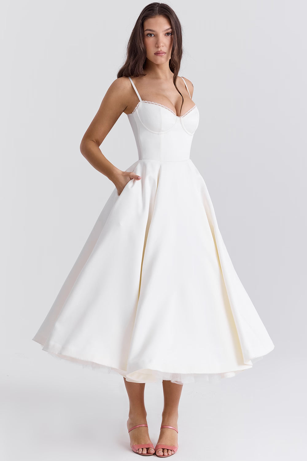 Women's Wedding Guest Midi Dress with Strapless Neckline and Fit Flare Skirt