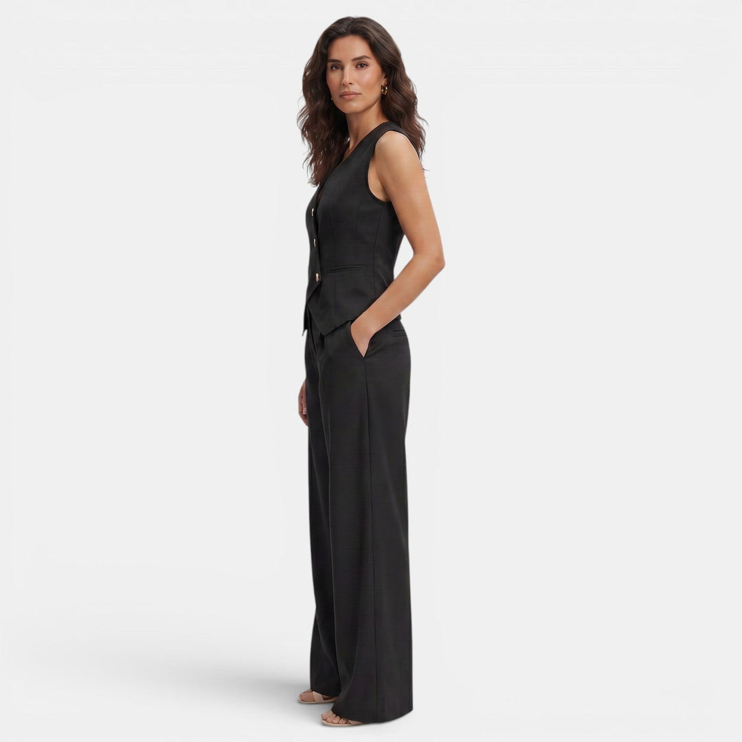 Women's Trouser Set with Waistcoat Top and High Waist Wide Leg Trousers