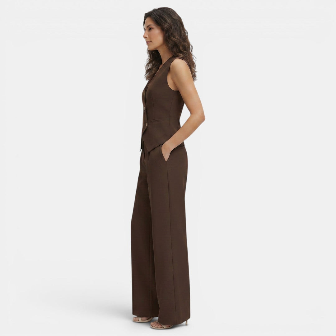 Women's Trouser Set with Waistcoat Top and High Waist Wide Leg Trousers