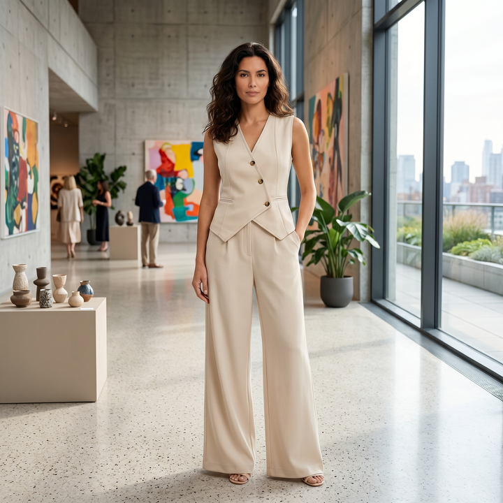 Women's Trouser Set with Waistcoat Top and High Waist Wide Leg Trousers