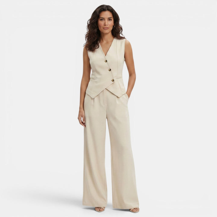 Women's Trouser Set with Waistcoat Top and High Waist Wide Leg Trousers