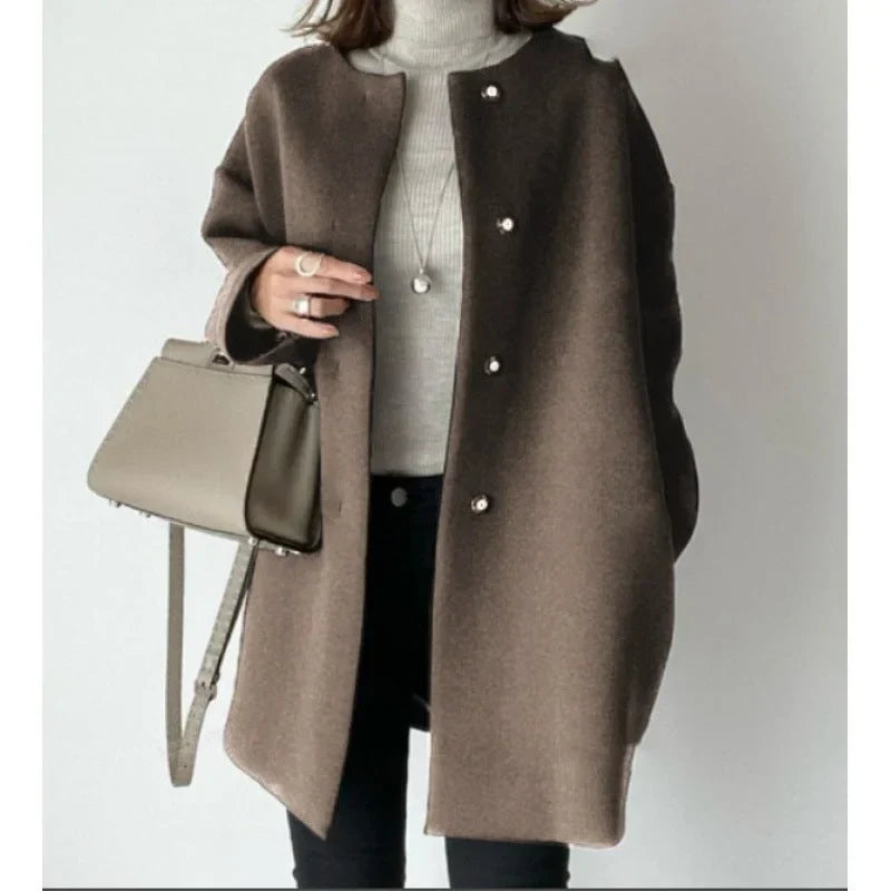 Women's Collarless Longline Coat with Button Front and Relaxed Fit