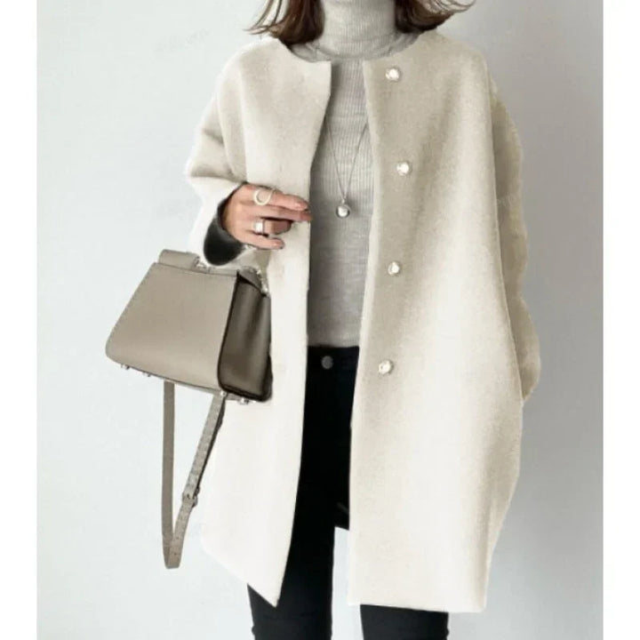 Women's Collarless Longline Coat with Button Front and Relaxed Fit