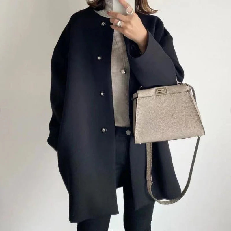 Women's Collarless Longline Coat with Button Front and Relaxed Fit