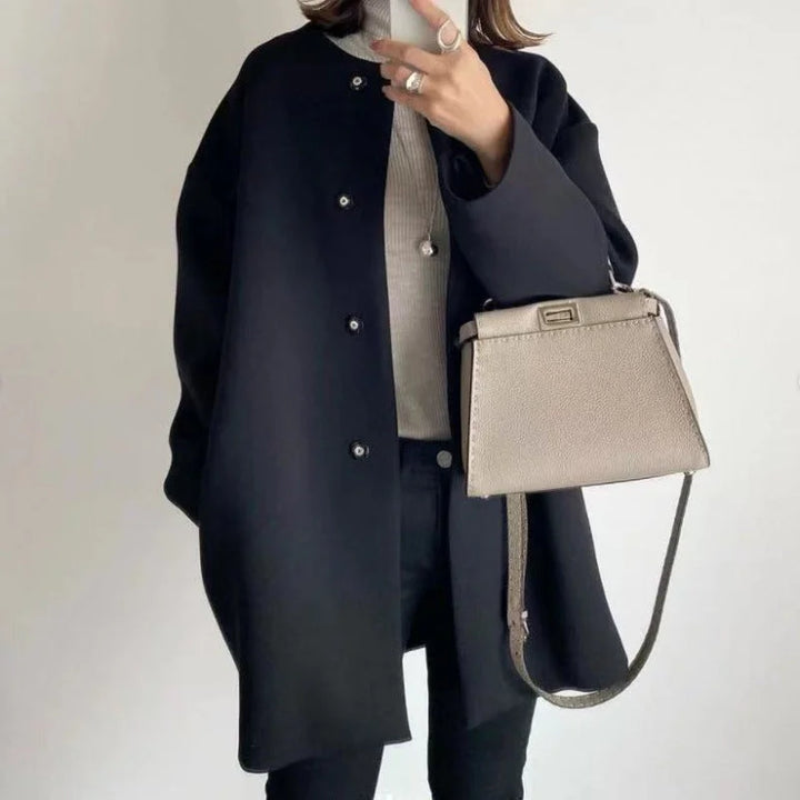 Women's Collarless Longline Coat with Button Front and Relaxed Fit