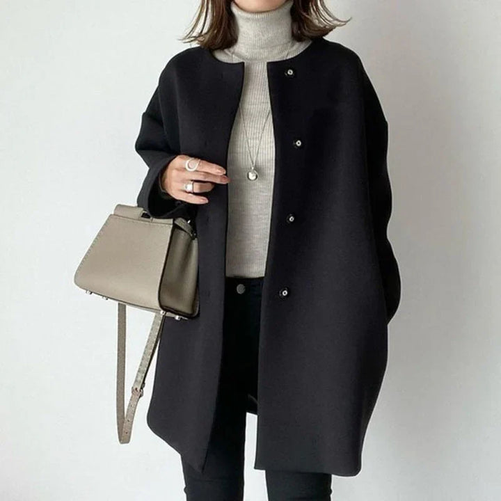 Women's Collarless Longline Coat with Button Front and Relaxed Fit