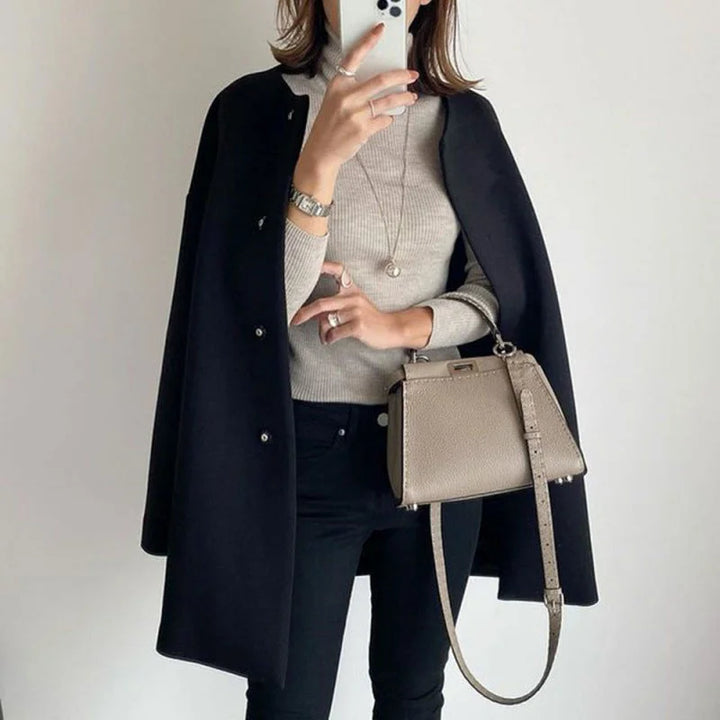 Women's Collarless Longline Coat with Button Front and Relaxed Fit