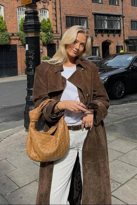 Women's Belted Suede Trench Coat with Notch Lapel and Tie Waist